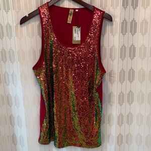 Fancy flashy party! Men’s Sequin Tank Top - Red and Green size Large